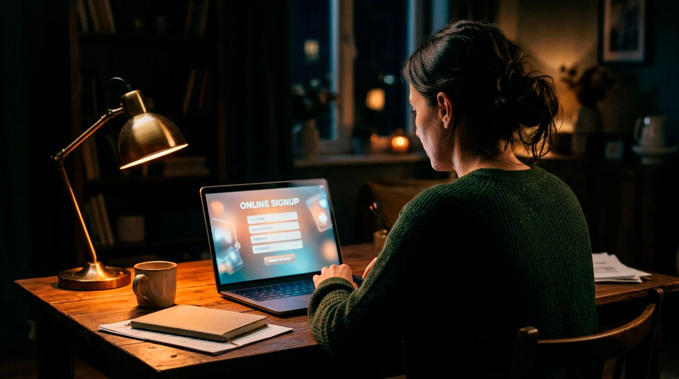 Person at a laptop looking at an online casino sign-up screen at night