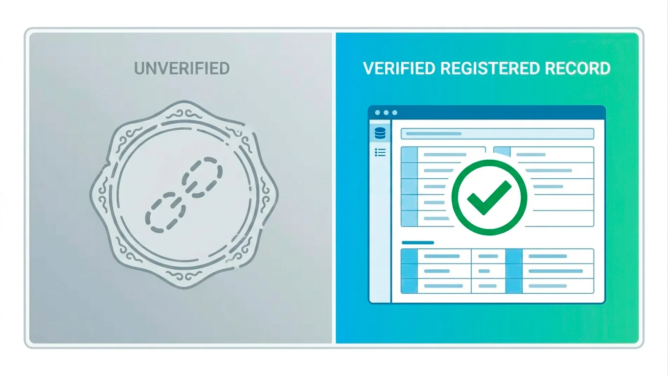 Split illustration contrasting a clickable footer seal with an authoritative regulator register entry