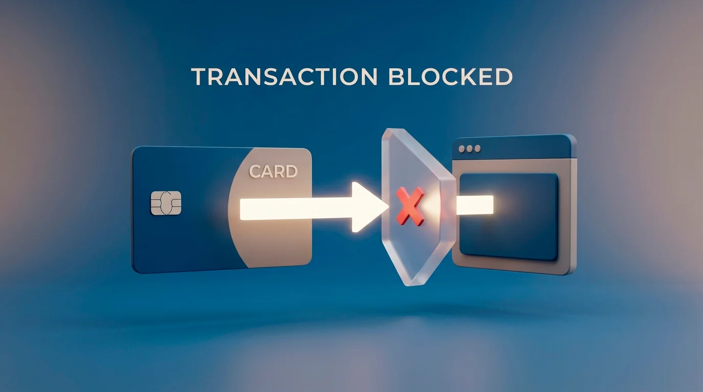 Illustration of a bank card transaction to a gambling site being flagged and stopped