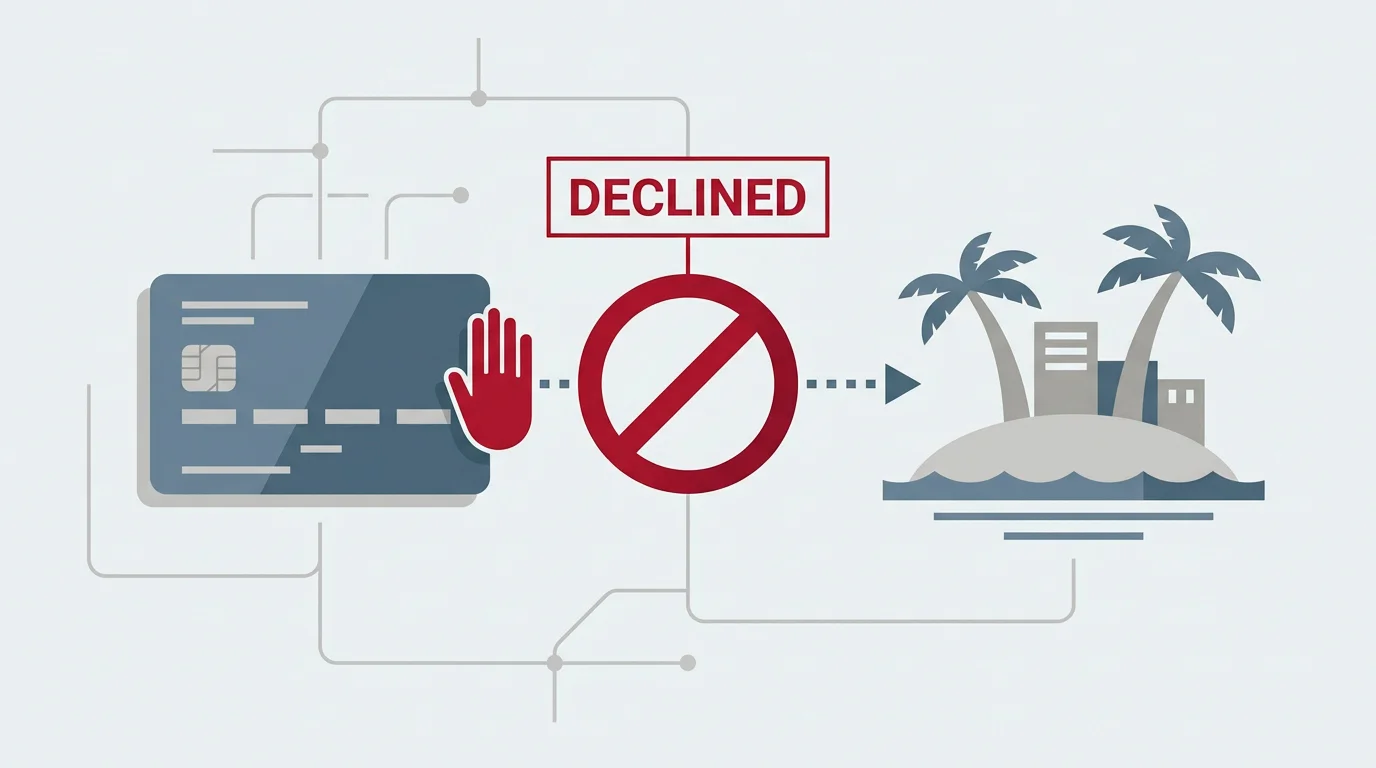 Illustration of a bank card payment to an unlicensed site being declined