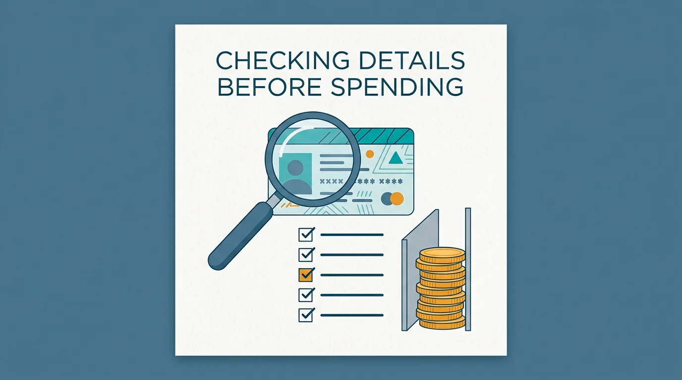 A simple checklist beside a magnifying glass over a licence number, suggesting verification before depositing money
