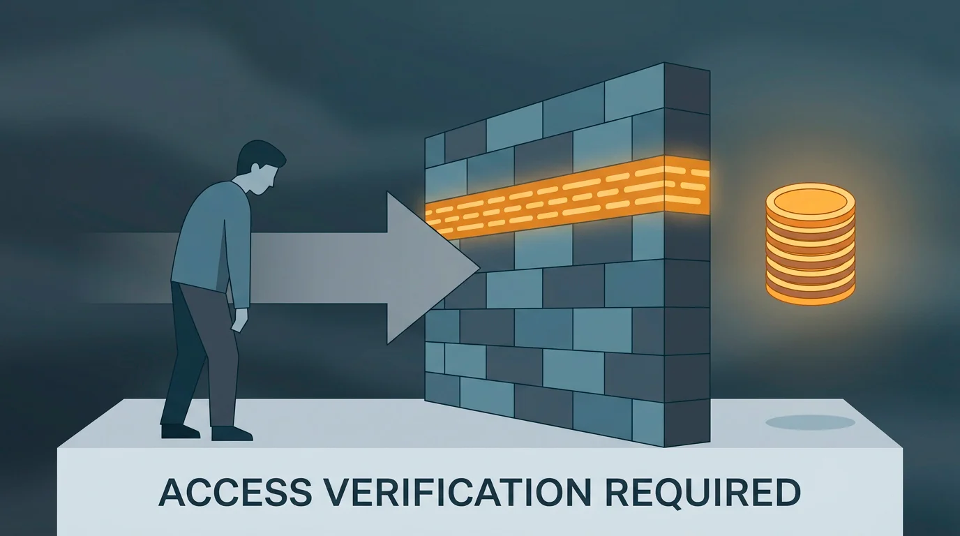A withdrawal request blocked by a tall verification wall while winnings sit on the other side